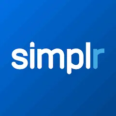 Logo mit dem Text "simplr", auf blauem Hintergrund; das "r" ist in einem helleren Blauton.